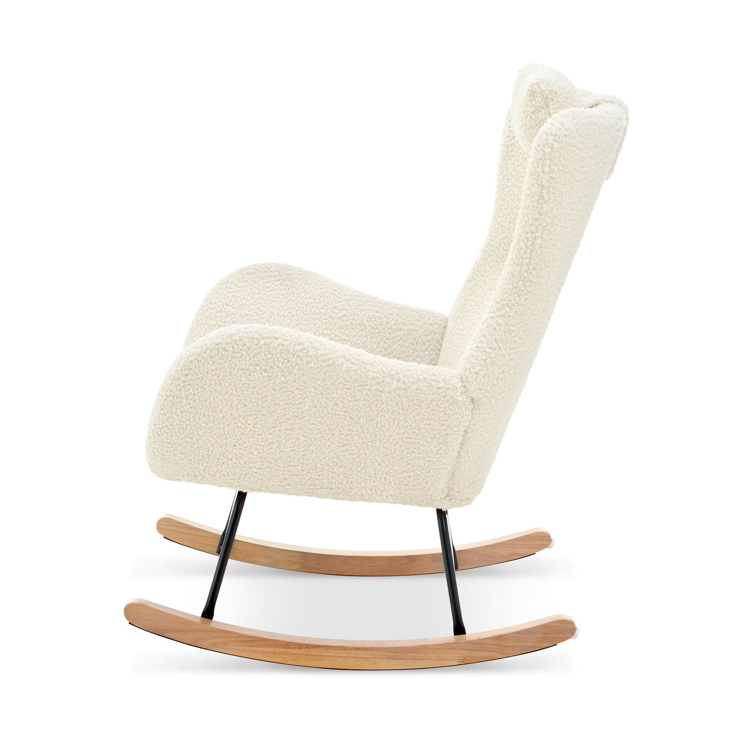 Rocking Chair Nursery, Teddy Upholstered Rocker Glider Chair With High Backrest, Adjustable Headrest & Pocket, Comfy Glider Chair For Nursery, Bedroom, Living Room, Offices, Rubber Wood - Beige