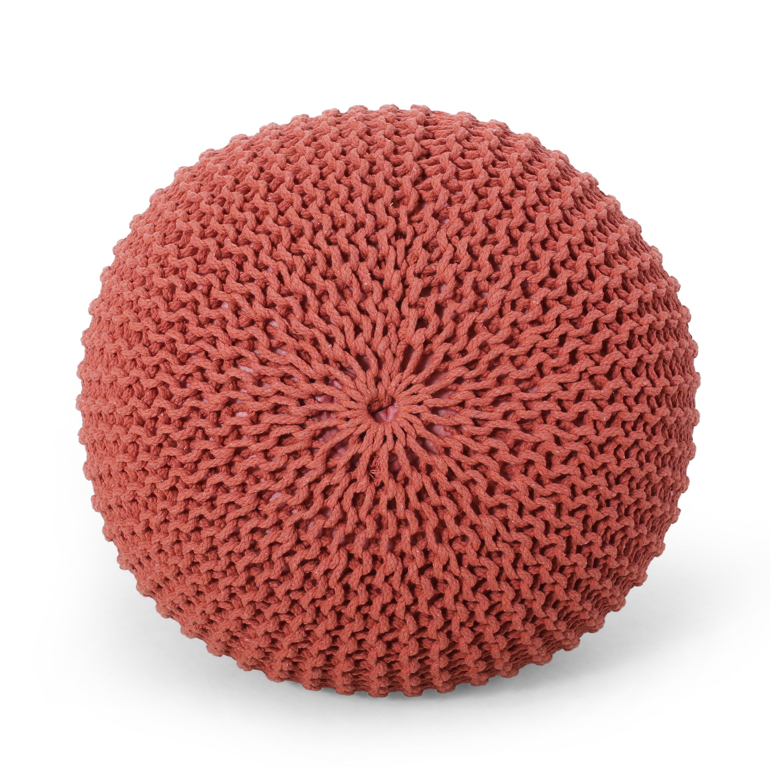 Bordeaux - Knitted Cotton Round Pouf, Versatile Ottoman And Cushion - Coral