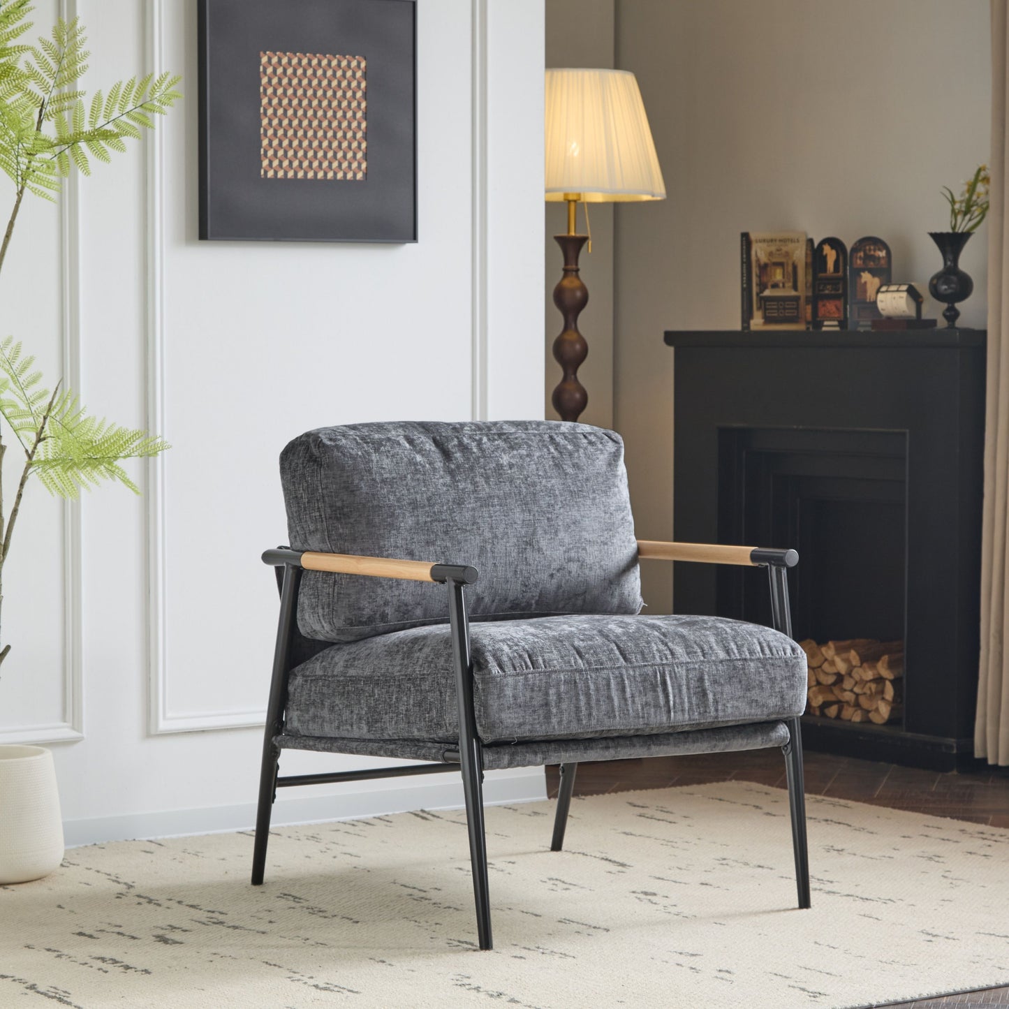 Modern Accent Chair With Plush Cushions, Minimalist Metal Frame, Wooden Armrest - Gray