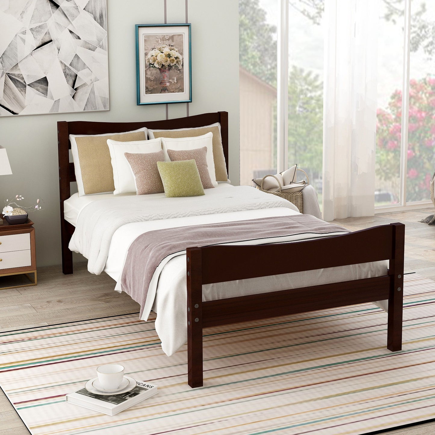 Twin Size Platform Bed With Headboard And Slat Support - Espresso