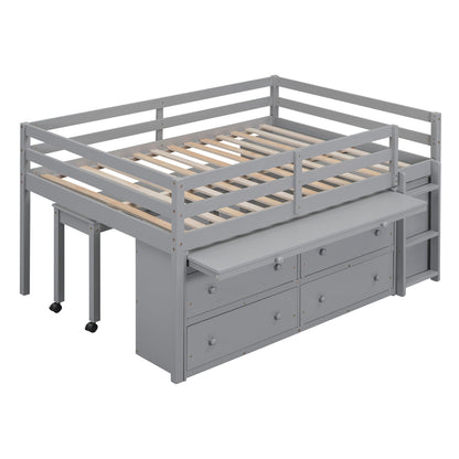 Full Size Loft Bed With Retractable Writing Desk And 4 Drawers, With Lateral Portable Desk And Shelves - Gray