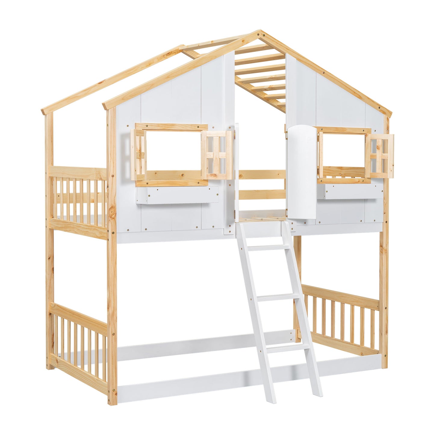 Twin Over Twin House Bunk Bed With Roof, Window, Window Box, Door, With Safety Guardrails And Ladder - Natural / White