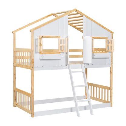 Twin Over Twin House Bunk Bed With Roof, Window, Window Box, Door, With Safety Guardrails And Ladder - Natural / White