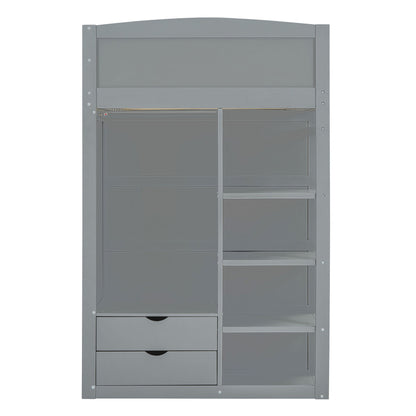 Twin Size Loft Bed With Desk, Wardrobes, 4 Drawers And 4 Shelves Construction - Gray