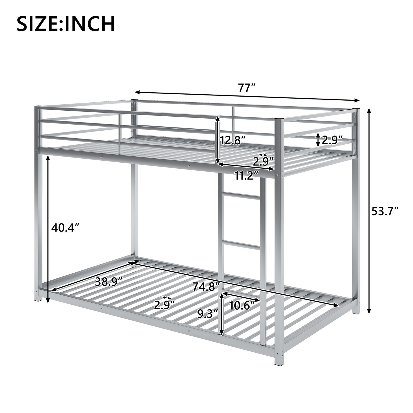 Full Over Full Metal Bunk Bed, Low Bunk Bed With Ladder - Silver