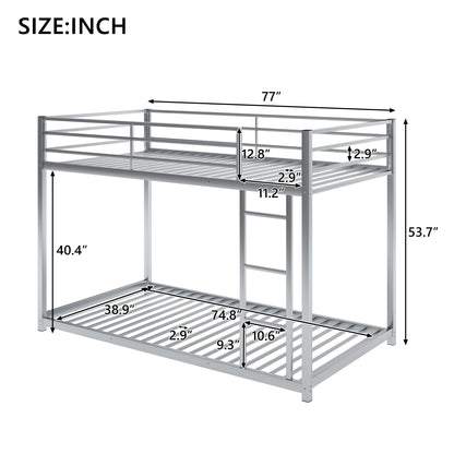 Full Over Full Metal Bunk Bed, Low Bunk Bed With Ladder - Silver