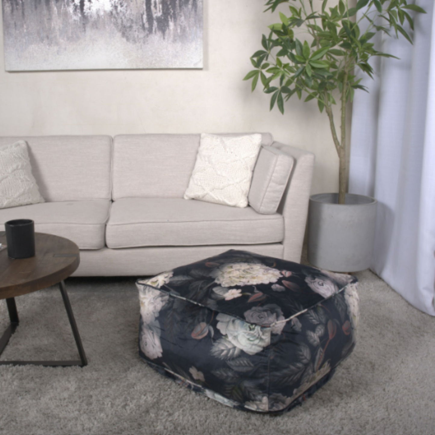 Hazel - Large Square Pouf, Versatile Ottoman Or Floor Cushion, Flower Print - Black