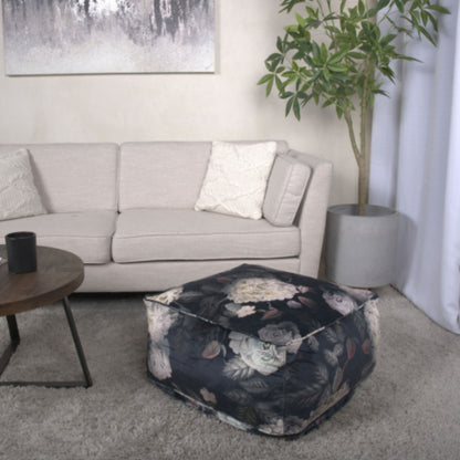 Hazel - Large Square Pouf, Versatile Ottoman Or Floor Cushion, Flower Print - Black