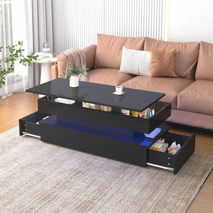 High Quality Foldable 3 Tier Coffee Table With Drawers And LED Light - Black