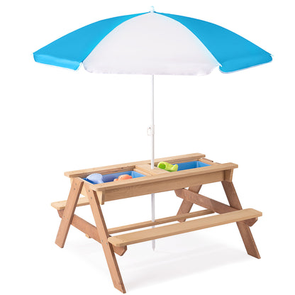 3-In-1 Kids Outdoor Wooden Picnic Table With Umbrella, Convertible Sand & Water, ASTM & CPSIA Certification - Natural Wood