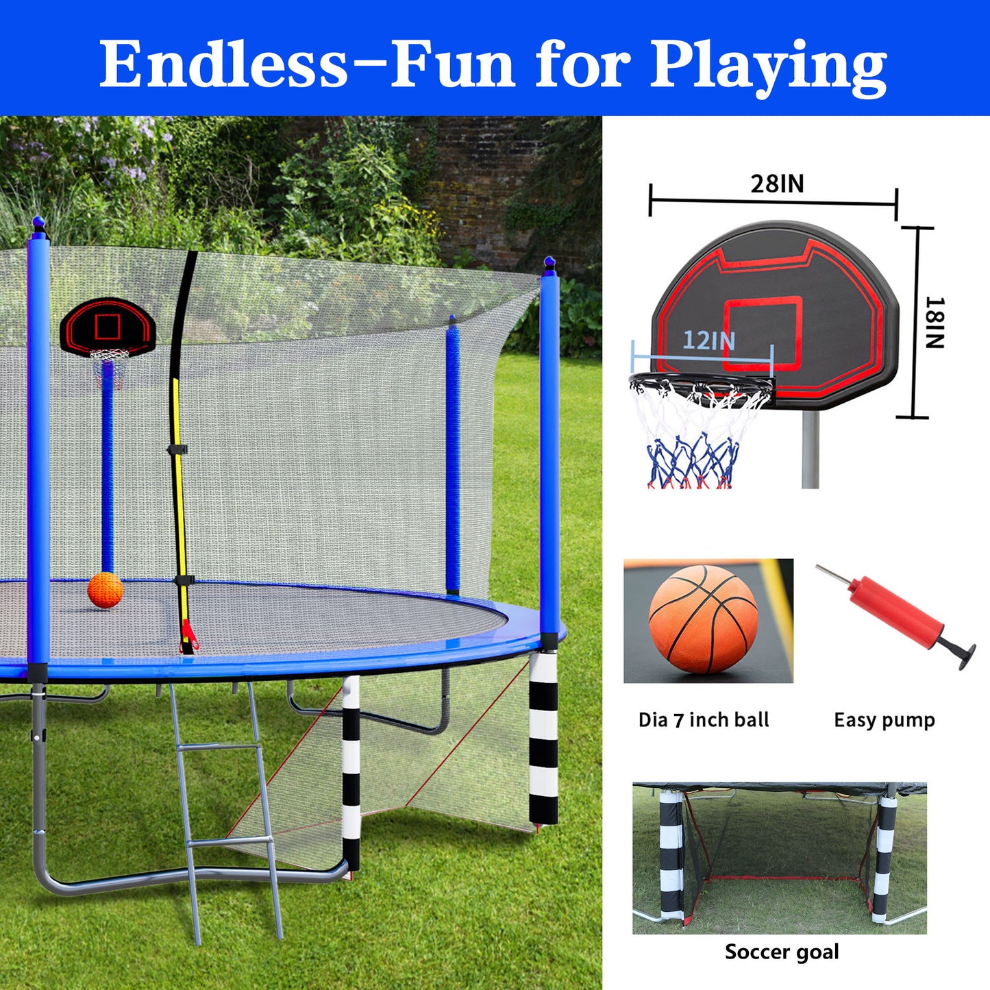 16Ft Trampoline With Basketball Hoop Pump And Ladder (Inner Safety Enclosure) With Soccer Goal - Blue