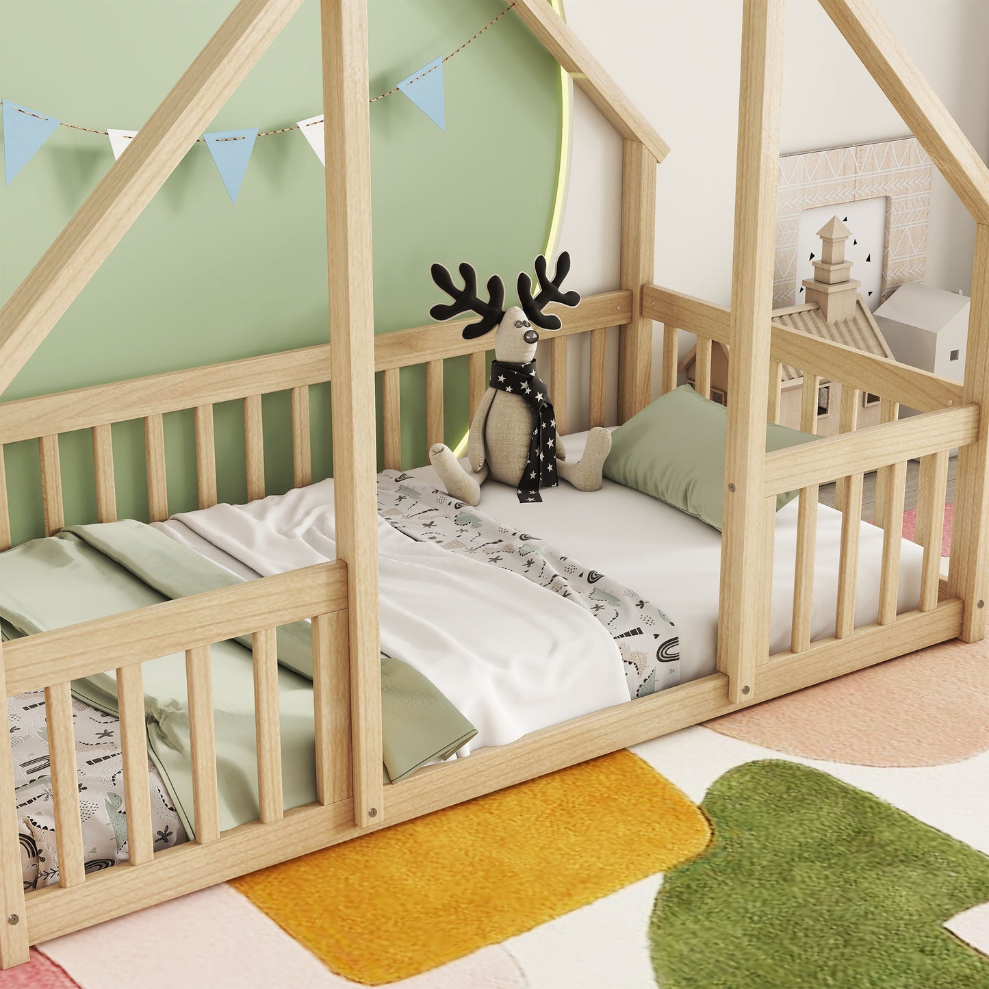 Twin Wood House-Shaped Floor Bed With Fence, Guardrails - Natural