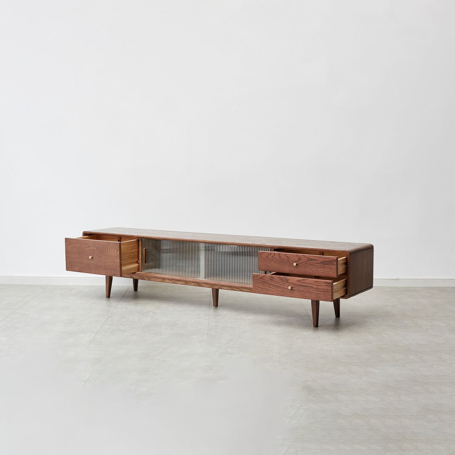 TV Cabinet With Chinese Changhong Glass Doors, Two Drawer Storage Space TV Standing - Walnut