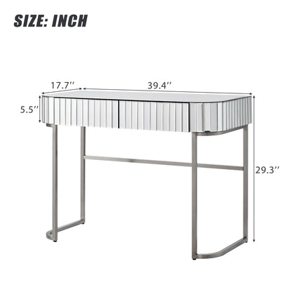 Mirrored Makeup Vanity Table With Stainless Steel Base, Mirrored Console Dressing Table With 2 Drawers, Versatile Desk For Bedroom And Office - Silver