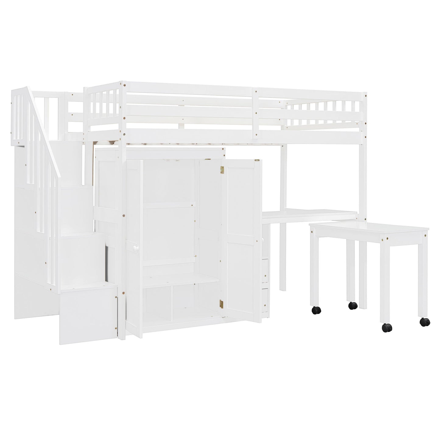 Twin Size Loft Bed With Stairs, Bookshelf, Drawers, Desk & Wardrobe, Space Saving Multifunctional Furniture - White
