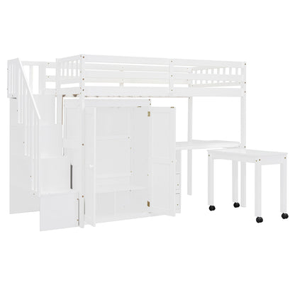 Twin Size Loft Bed With Stairs, Bookshelf, Drawers, Desk & Wardrobe, Space Saving Multifunctional Furniture - White