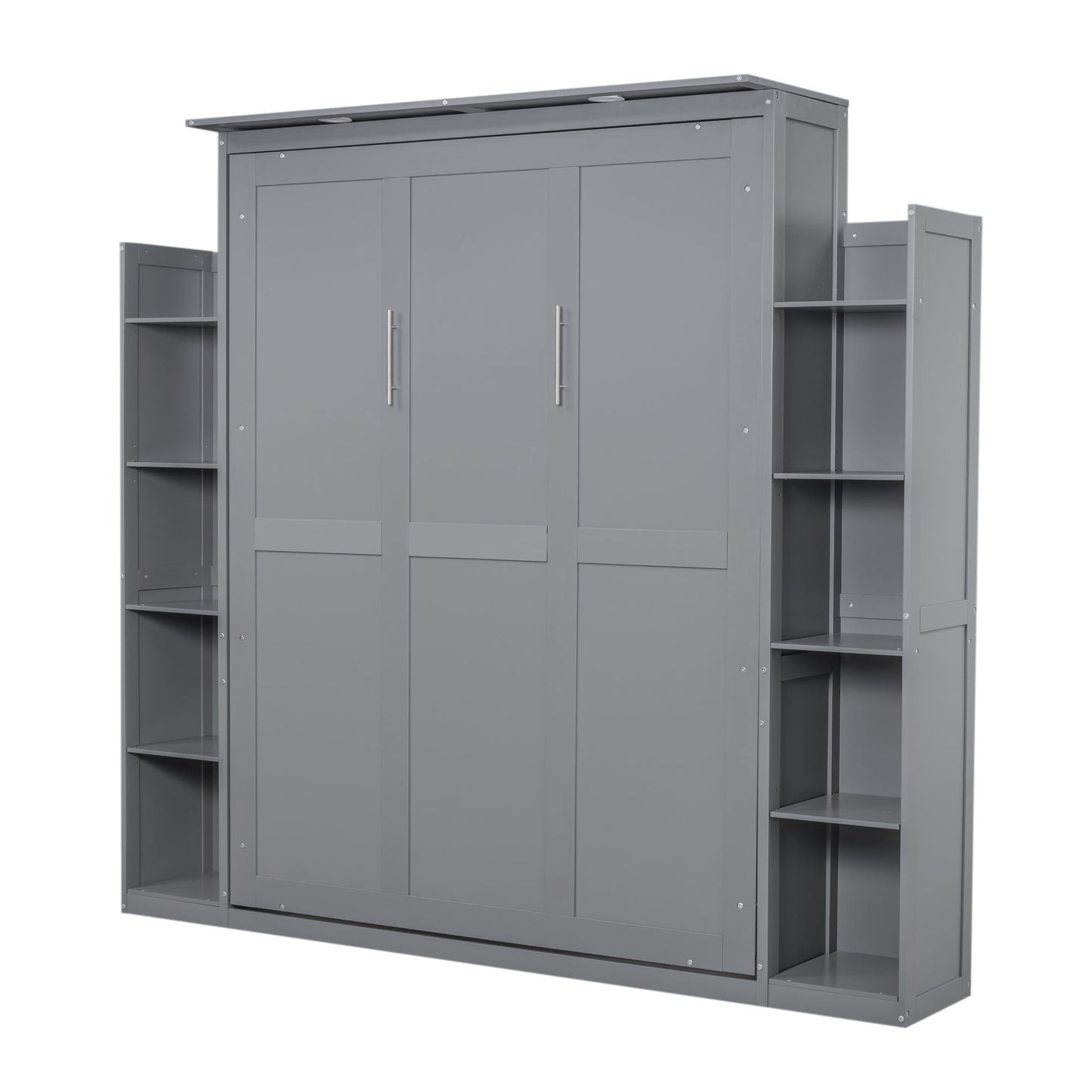 Queen Size Murphy Wall Bed With Shelves And LED Lights - Gray