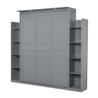 Queen Size Murphy Wall Bed With Shelves And LED Lights - Gray
