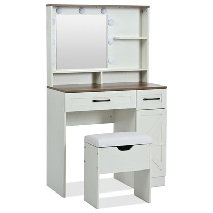 Farmhouse Makeup Vanity Desk With Mirror And Lights, 3 Lighting Modes, Vanity Set With Stool, Dressing Table With Adjustable Shelves, 2 Drawers And Side Cabinet For Bedroom - White
