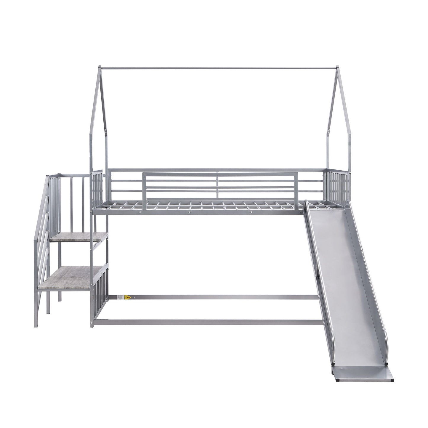 Twin Over Twin Metal Bunk Bed House Bed With Slide And Staircase - Silver