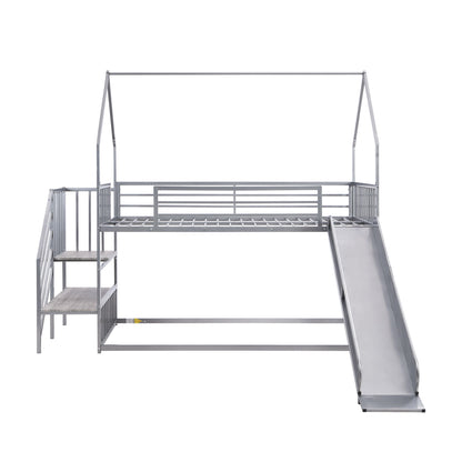 Twin Over Twin Metal Bunk Bed House Bed With Slide And Staircase - Silver