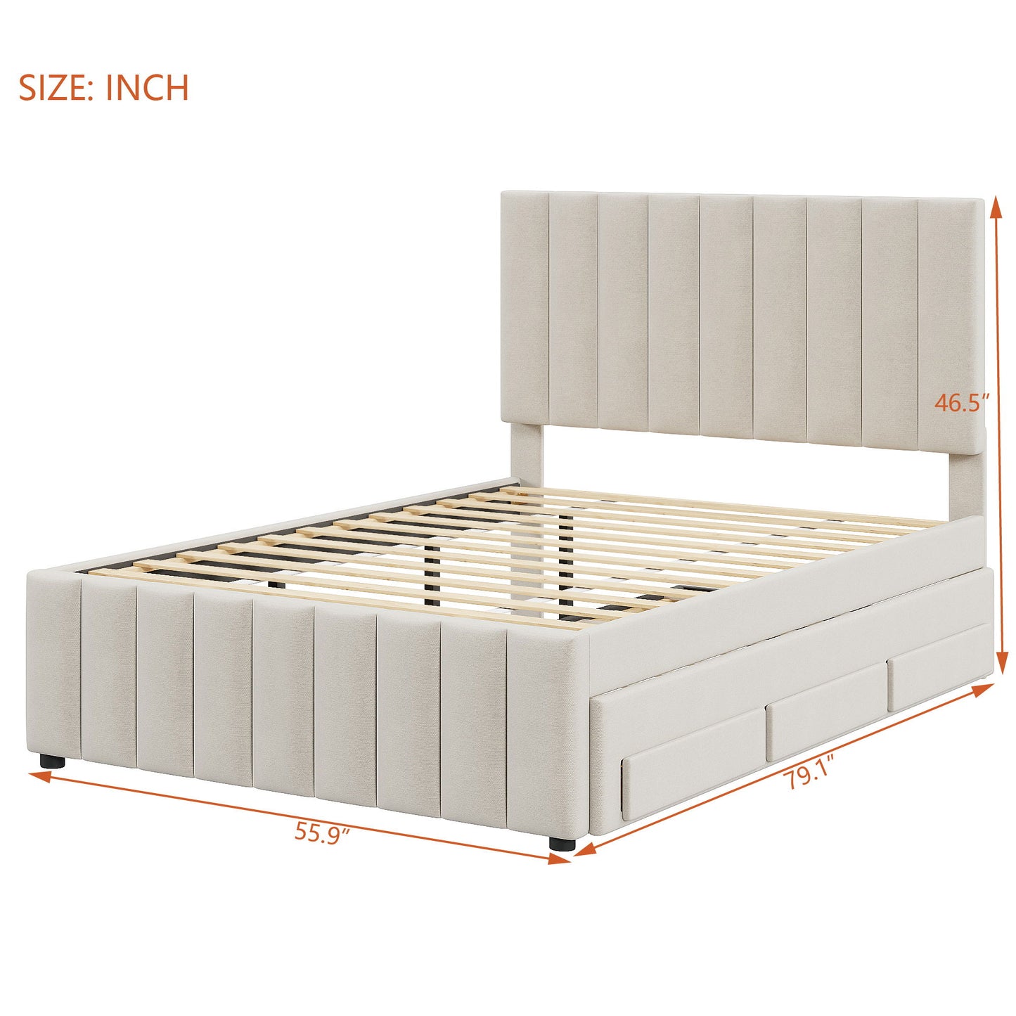 Full Size Upholstered Platform Bed With Twin Size Trundle And 3 Drawers - Beige