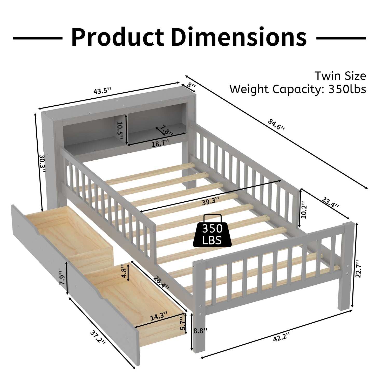 Twin Size Bed With Headboard Storage Rack, 2 Under Bed Drawers, 3 - Side Guardrails For Safety And Security - Gray