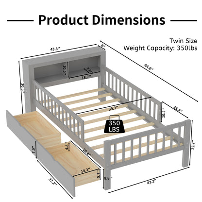 Twin Size Bed With Headboard Storage Rack, 2 Under Bed Drawers, 3 - Side Guardrails For Safety And Security - Gray