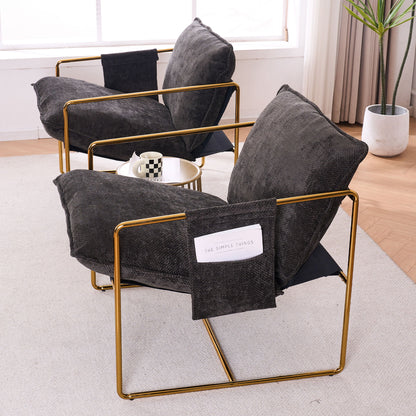 Upholstered Hanging Armchair With Arm Pocketsmetal Frame (Set of 2), Gold-Plated Craftsmanship, Crushed Foam Cushions And Skin-Friendly Woven Fabric For Living Room And Bedroom - Dark Gray