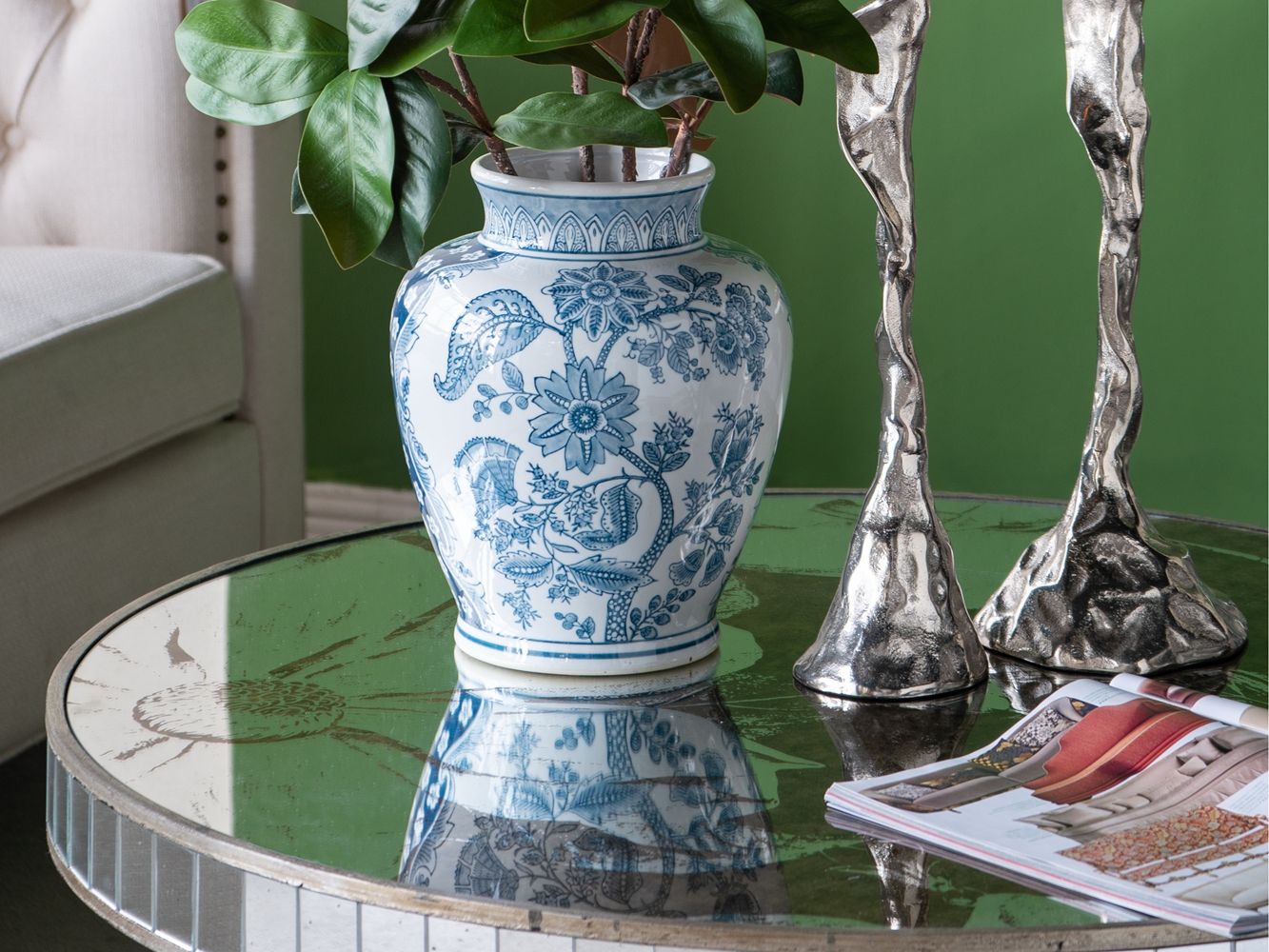 Round Side Table With Elegant Foral Design And Mirrored - Silver Multi
