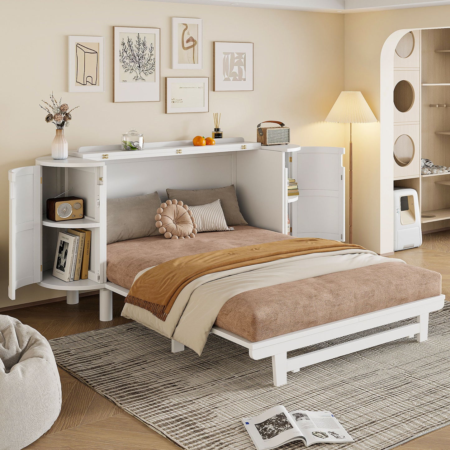 Queen Murphy Bed With Hidden Storage & Modern Woven Design - White