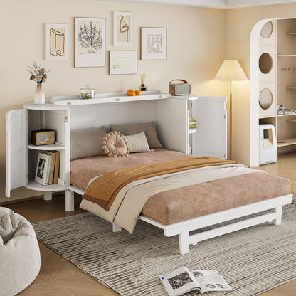 Queen Murphy Bed With Hidden Storage & Modern Woven Design - White