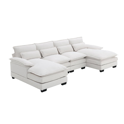 Modern U-Shaped Sectional Sofa With Waist Pillows, 6 Seat Upholstered Symmetrical Sofa Furniture, Sleeper Sofa Couch With Chaise Lounge - White