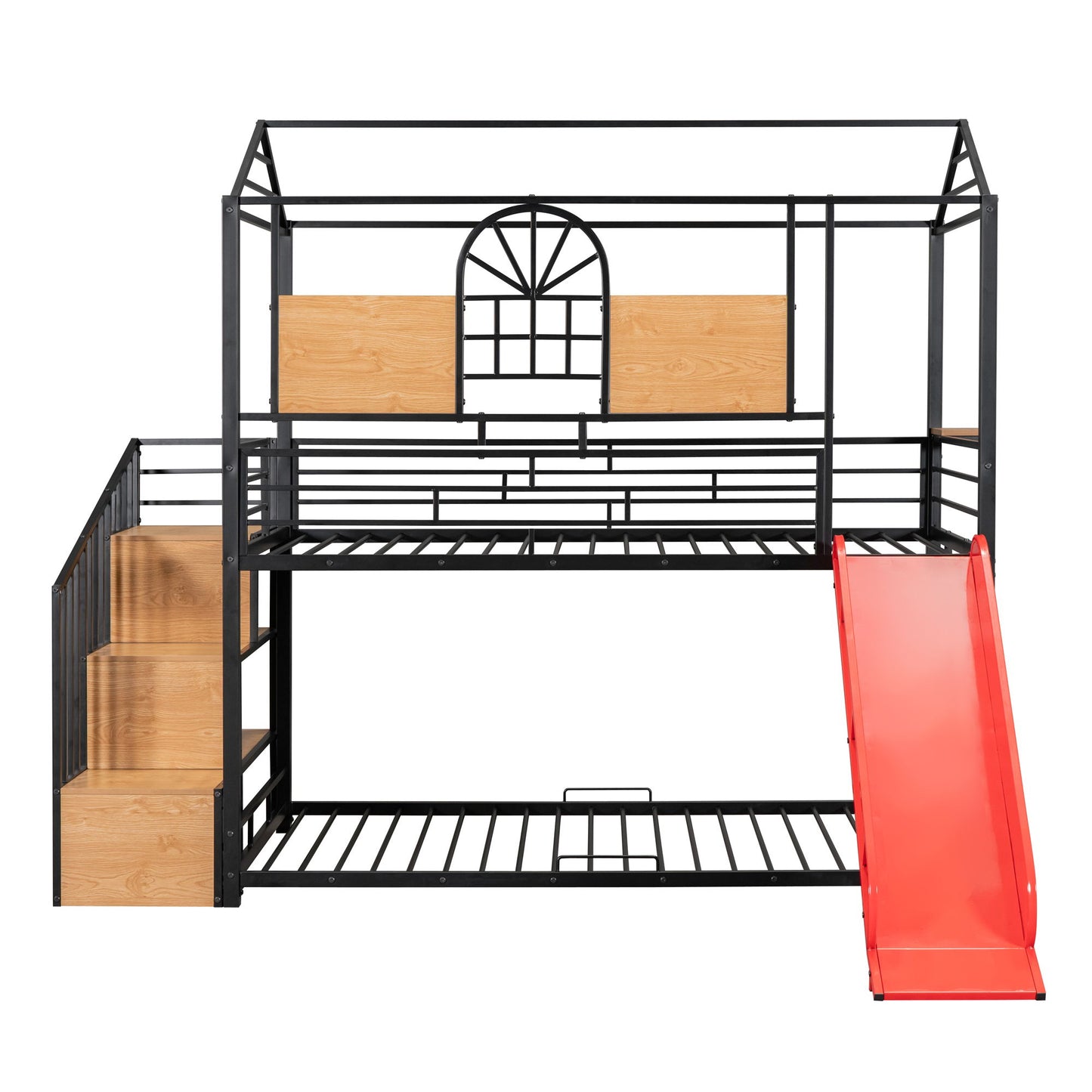 Twin Over Twin Bunk Bed, Housebed With Slide And Storage Stair - Black / Red