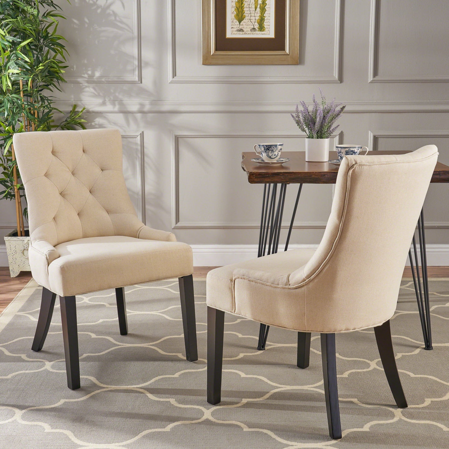 Cheney - Contemporary Dining Chair (Set of 2) Tufted Fabric Upholstery - Beige