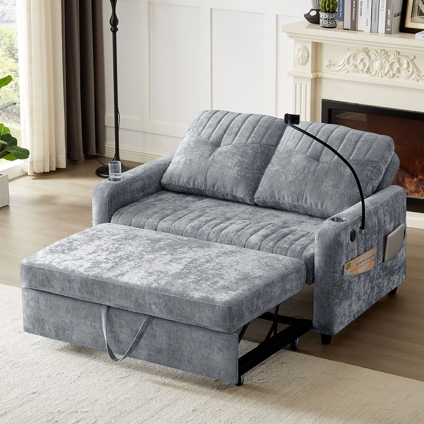 Modern Loveseat Pull Out Sofa Bed With Adjustable Backrest, Two Cup Holders, A Phone Holder, Three Charging Ports And Side Storage Pockets For Living Room - Gray