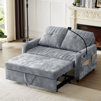 Modern Loveseat Pull Out Sofa Bed With Adjustable Backrest, Two Cup Holders, A Phone Holder, Three Charging Ports And Side Storage Pockets For Living Room - Gray