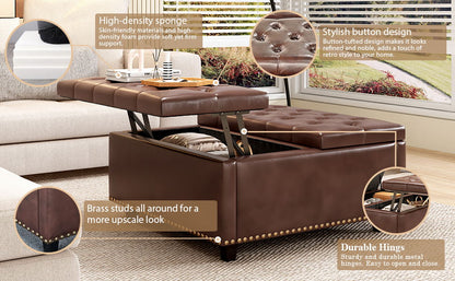 Large Square Storage Stool With 2 Storage Doors, Footstool For Living Room Mid - Century Modern Coffee Table With Nailhead Inlay - Brown