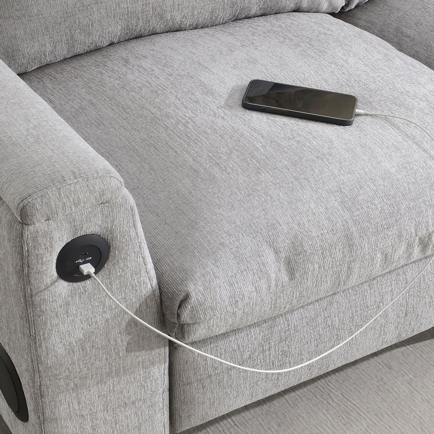 Sectional With Bluetooth Speaker Comfy Cloud Couch Set With Drop Down Table Cup Holders, USB Charger Storage Armrest Wide Seat Sofa - Gray