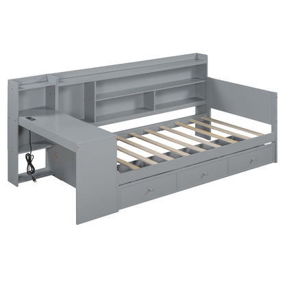 Twin Size Daybed With 3 Drawers USB Ports And Desk - Gray