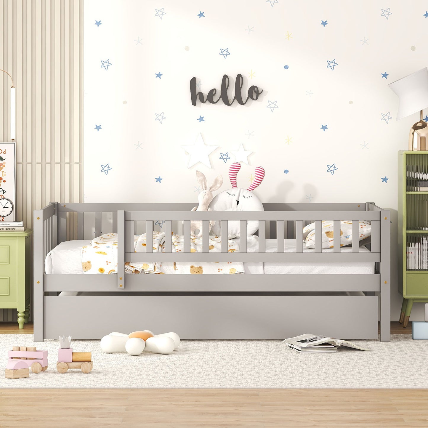 Twin Size Daybed With Trundle And Fence Guardrails - Gray