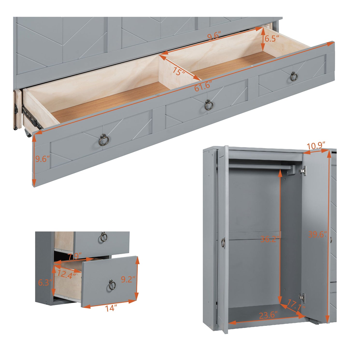 Queen Size Murphy Bed With USB Port, Large Drawer, And Wardrobe / Desk Combo Versatile Cabinet Bed - Gray