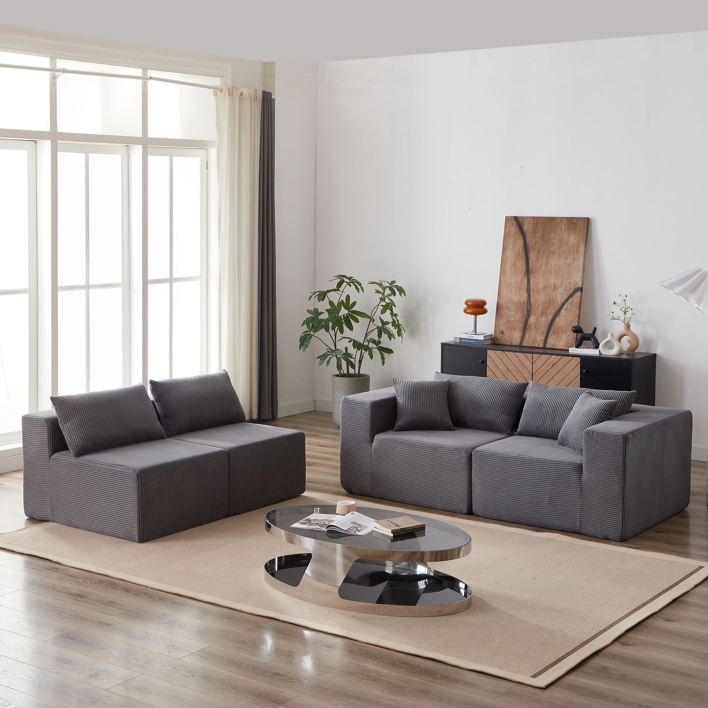 Corduroy Modular L Shaped Sectional Sofa, Luxury Floor Couch Set, 4 Piece Free Combination - Gray
