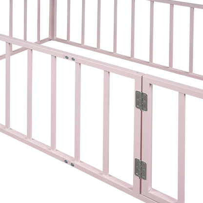 Twin Size Floor Bed Frame With Fence And Door - Pink