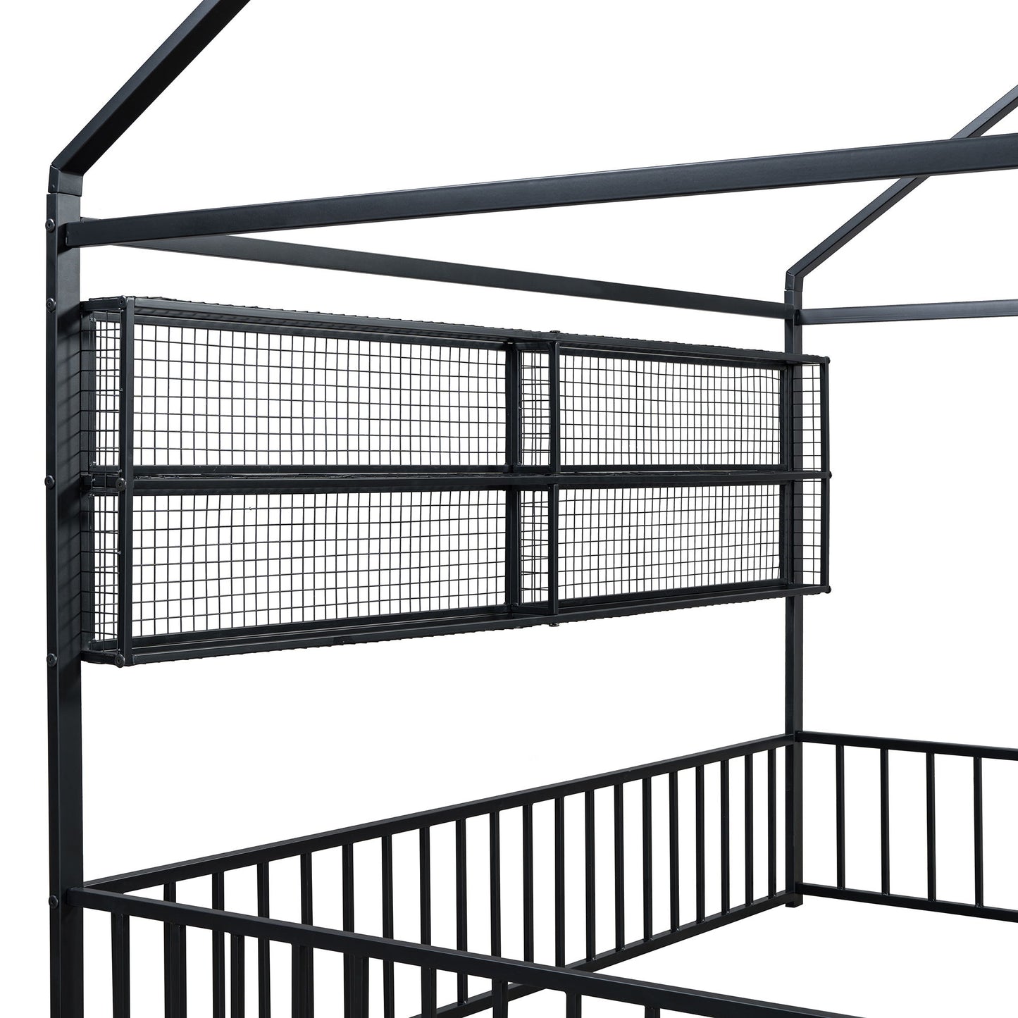 Full Size Bed House Frame With Fence And Shelves - Black