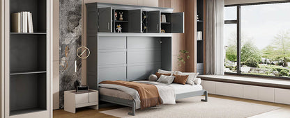 Queen Size Murphy Wall Bed With Top Cabinets & Wine Rack - Gray