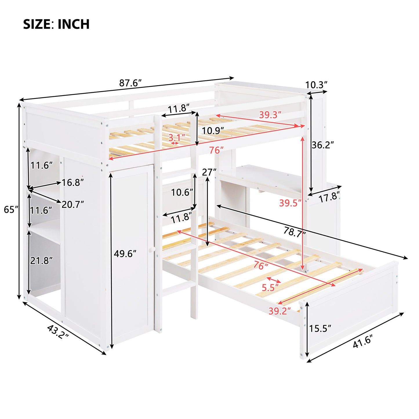 Twin Size Loft Bed With A Stand Alone Bed, Shelves, Desk, And Wardrobe - White