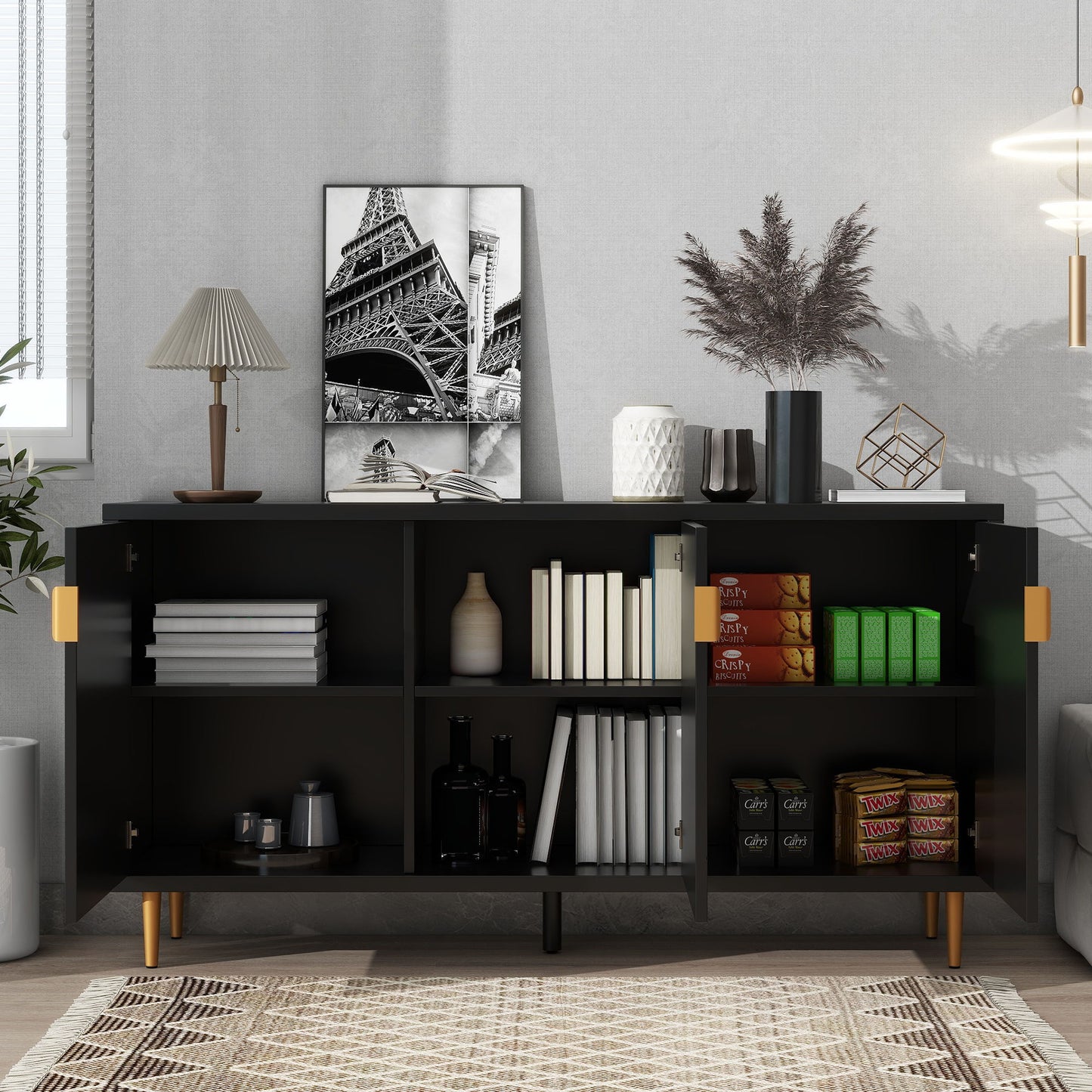 Modern TV Stand With 3 Doors And Adjustable Shelves For Living Room, Fits TVs Up To 70" - Black