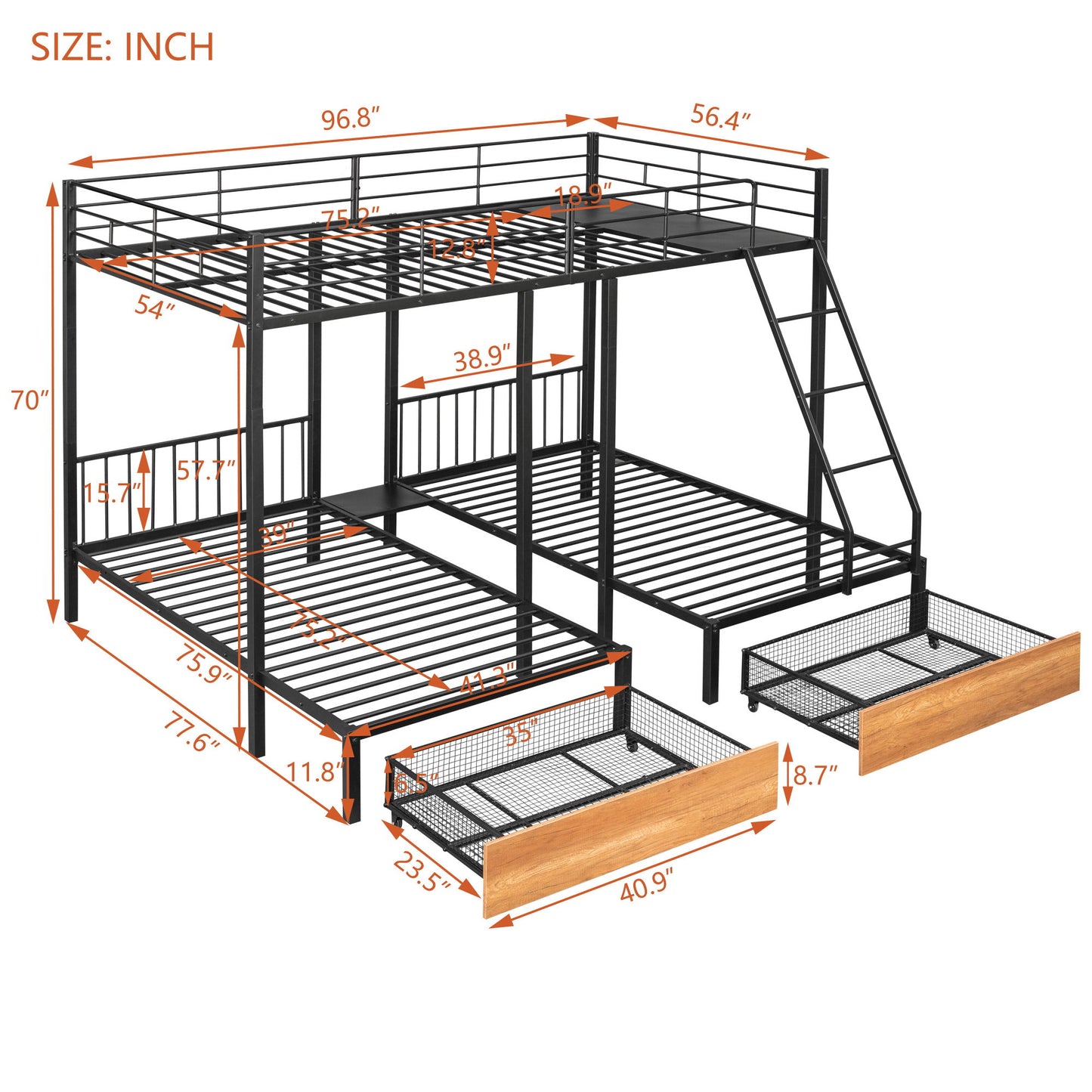 Full Over Twin & Twin Bunk Bed, Triple Bunk Bed With Drawers And Guardrails - Black