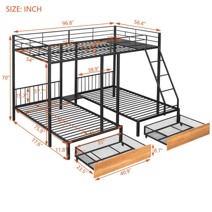 Full Over Twin & Twin Bunk Bed, Triple Bunk Bed With Drawers And Guardrails - Black
